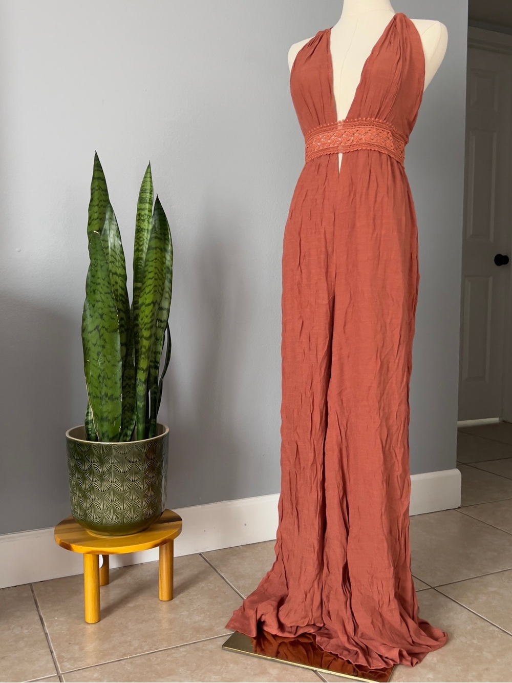 Miss Avenue Rust Halter Lace-Waist Wide-Leg Jumpsuit